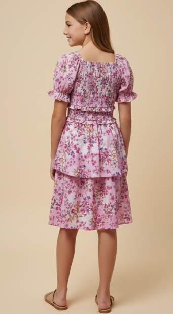 Girls Floral Smocked Square Neck Dress