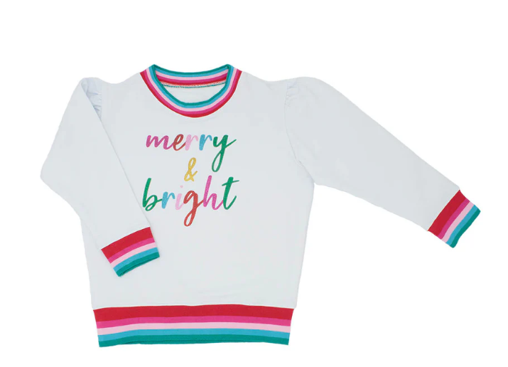 CHRISTMAS HOLLY GLITTER MERRY & BRIGHT SWEATSHIRT WHITE