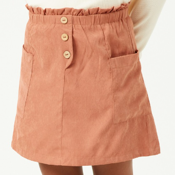 Girls Brushed Button Detail Patch Pocket Paper Bag Skirt in Mauve