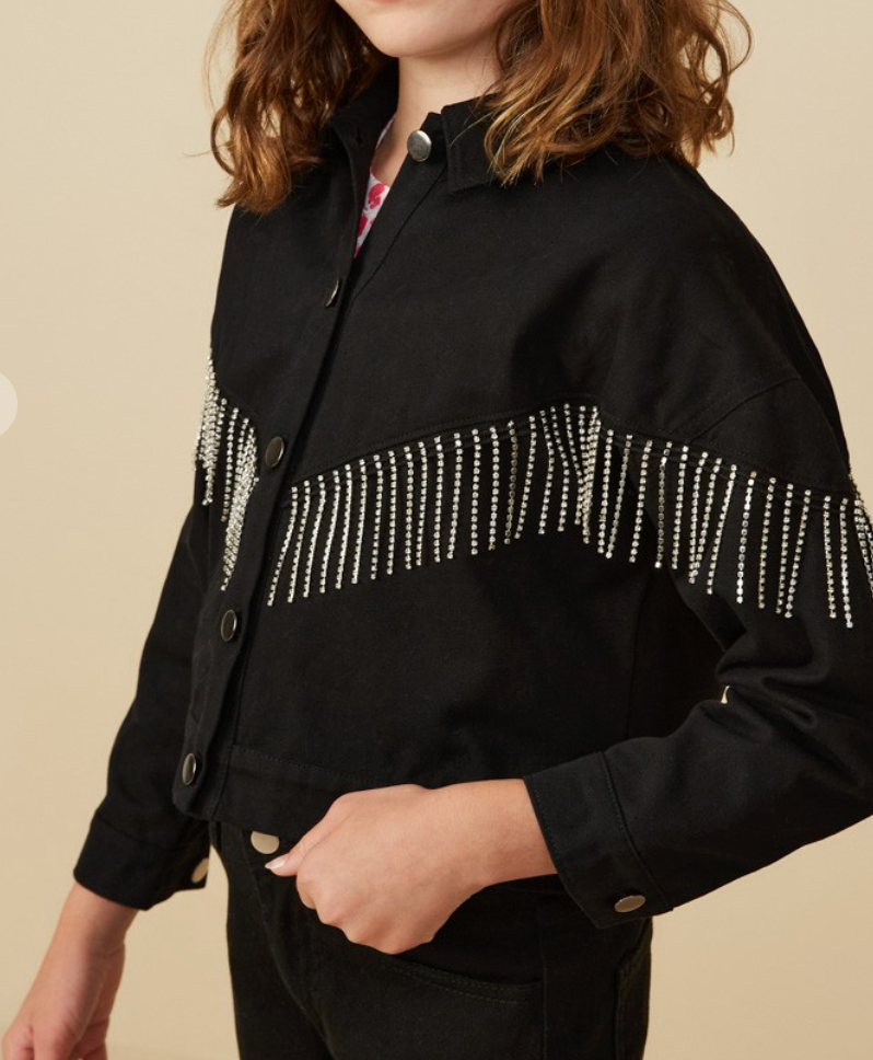 Girls Jeweled Fringe Detail Buttoned Jacket in black