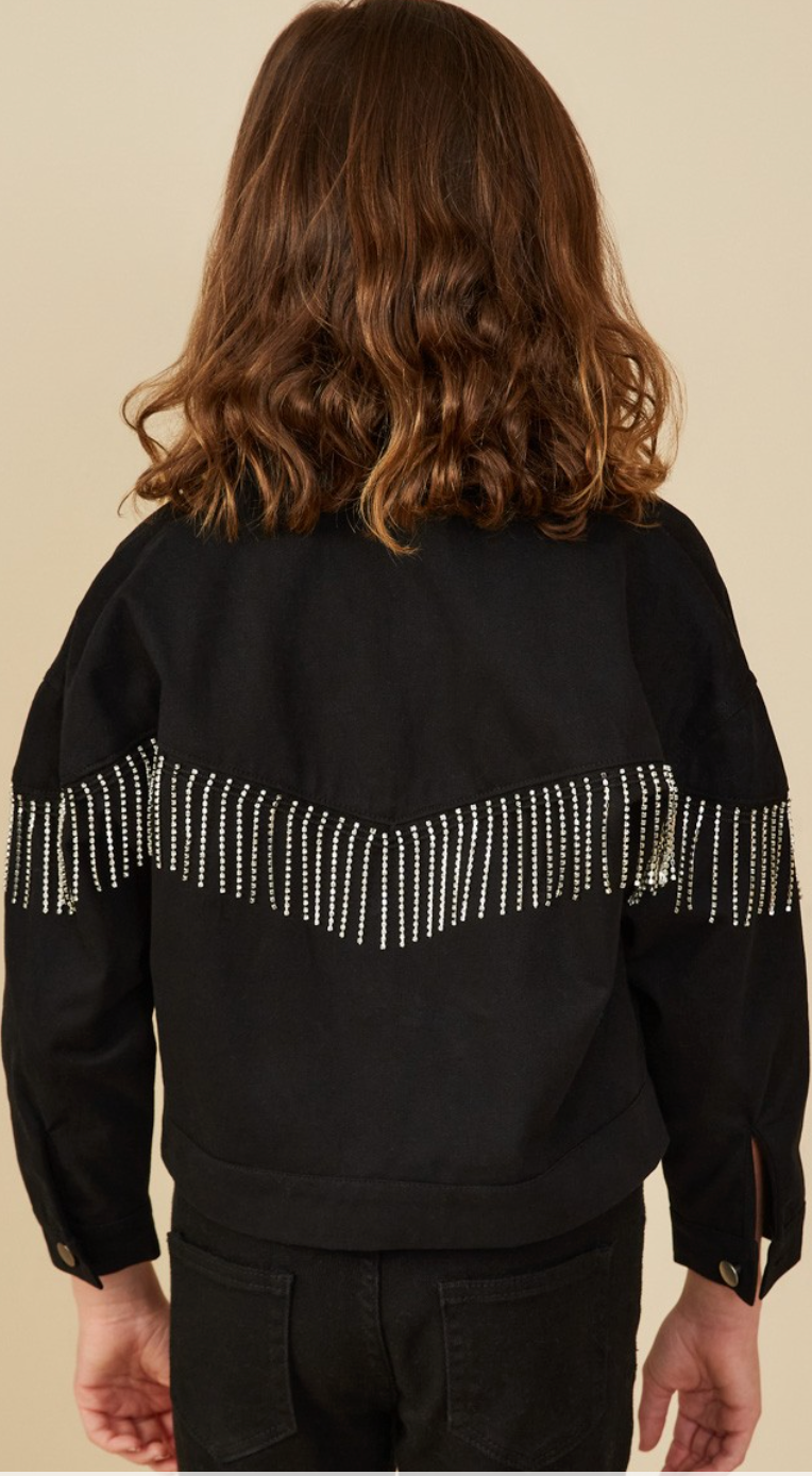 Girls Jeweled Fringe Detail Buttoned Jacket in black
