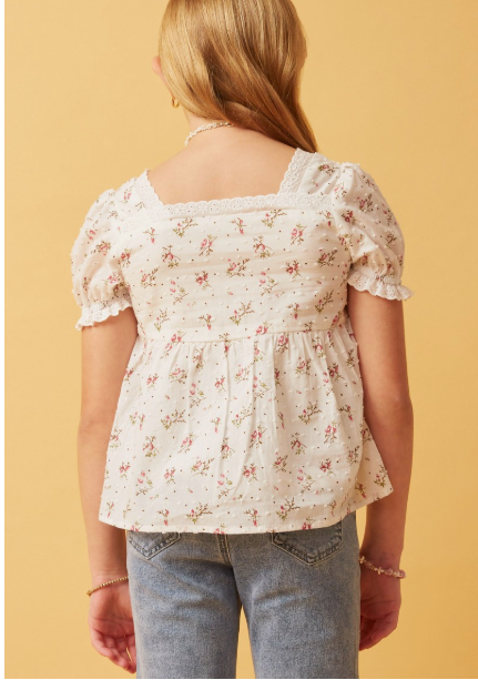 Girls Ditsy Floral Swiss Dot Lace Trim Top