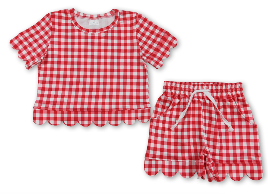 Short Sleeves Plaid Scallop Top Shorts Girls Outfits in red