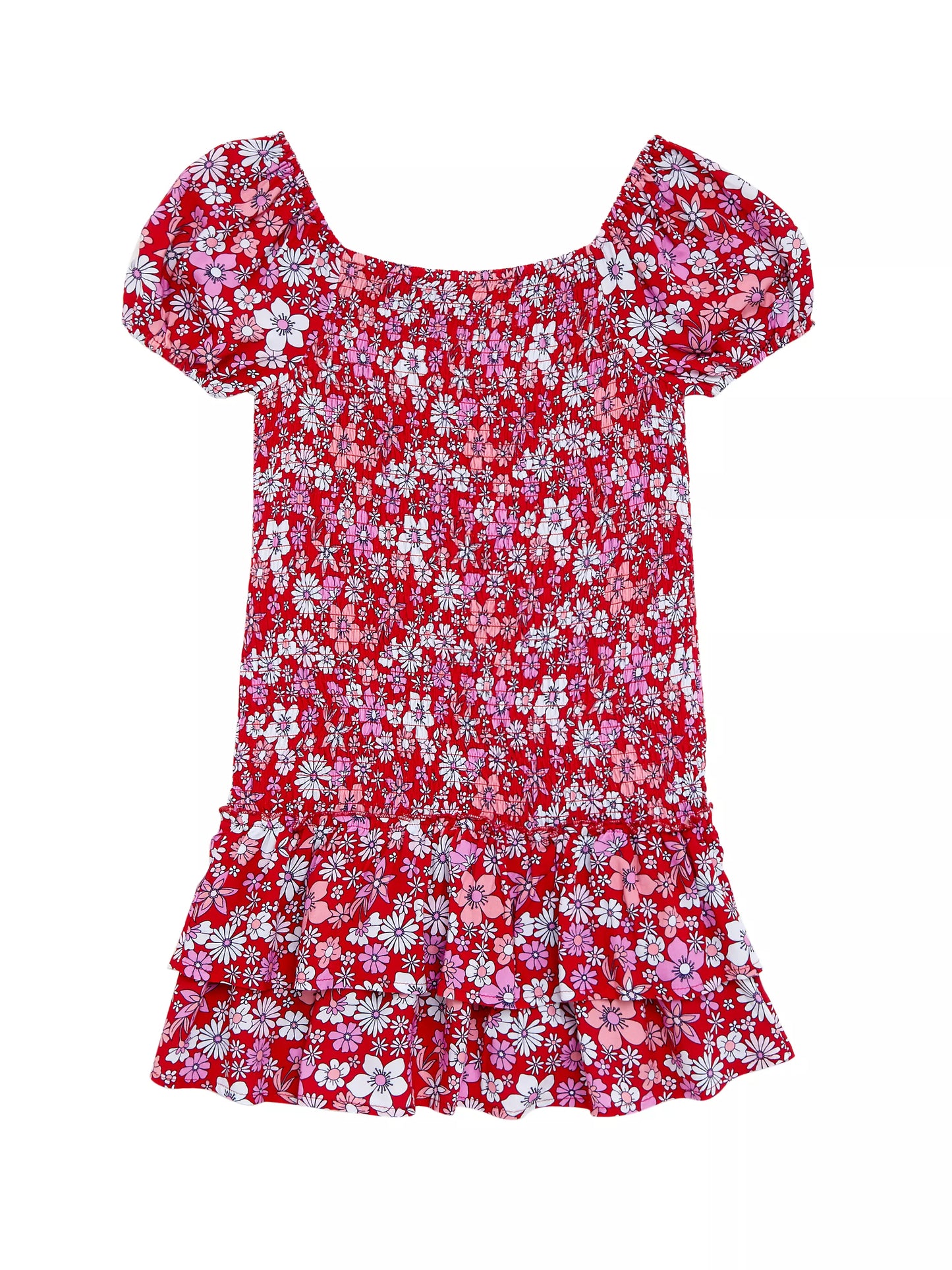 Girl's Red Floral Print Smocked Dress