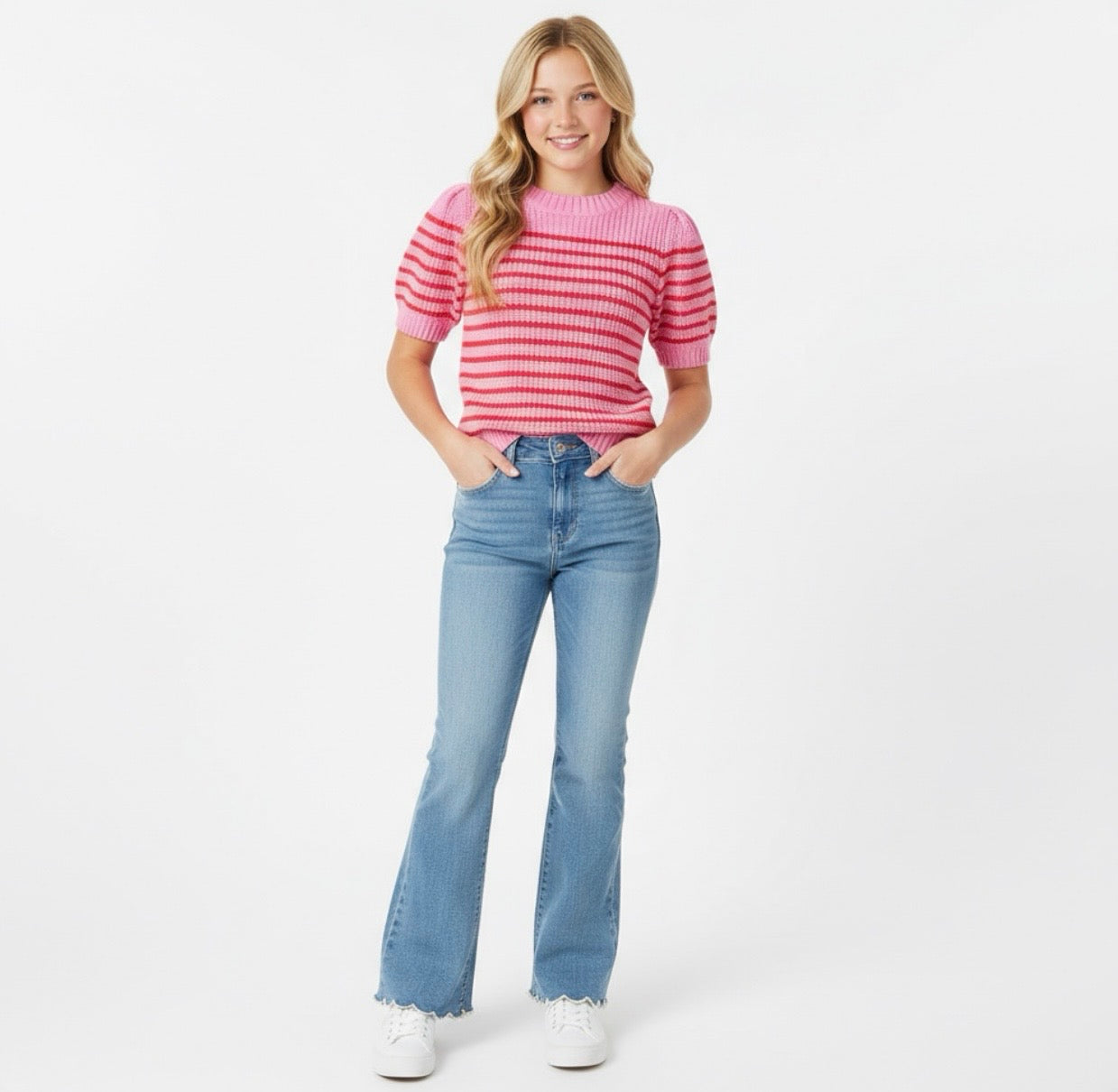 Girls Striped Puff Sleeve Short Sleeve Sweater Knit Top
