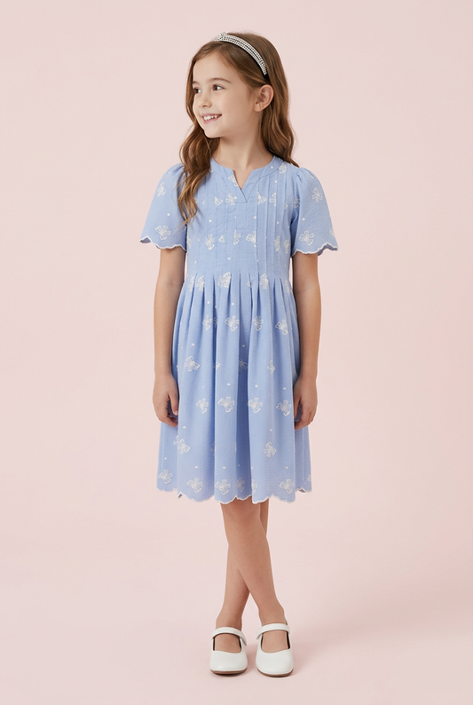 Girls Bow Embroidered Scallop Hem Pleated Dress