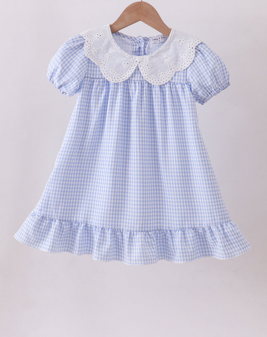 BLUE SCALLOPED COLLAR LACE GINGHAM RUFFLE DRESS
