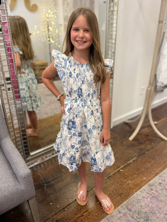 Girls Antique Floral Smock And Ruffle Dress in Blue