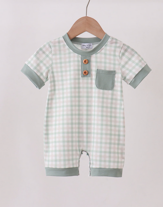 SAGE PLAID POCKET ROMPER