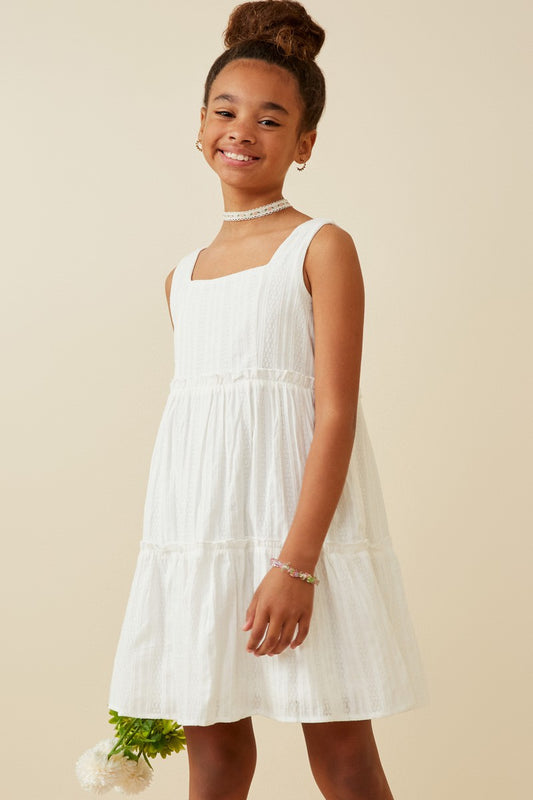 GY6946 Girls Textured Square Neck Ruffle Tiered Dress