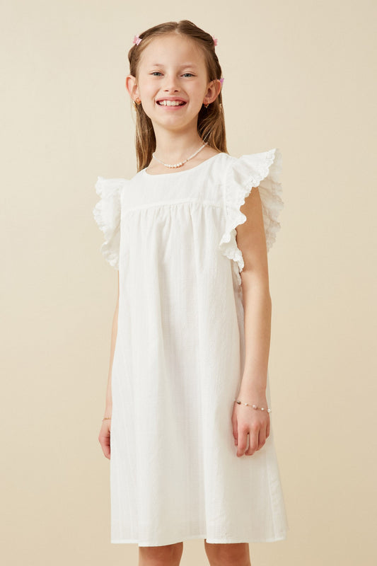 Off White Girls Textured Lace Trim Ruffle Sleeve Dress in White