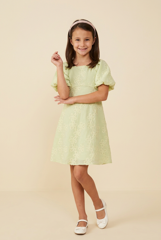 Girls Floral Embroidered Puff Sleeve Dress