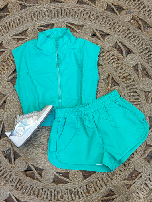 TWEEN BACK & FORTH CROP NYLON ZIP VEST WITH SHORTS in Teal
