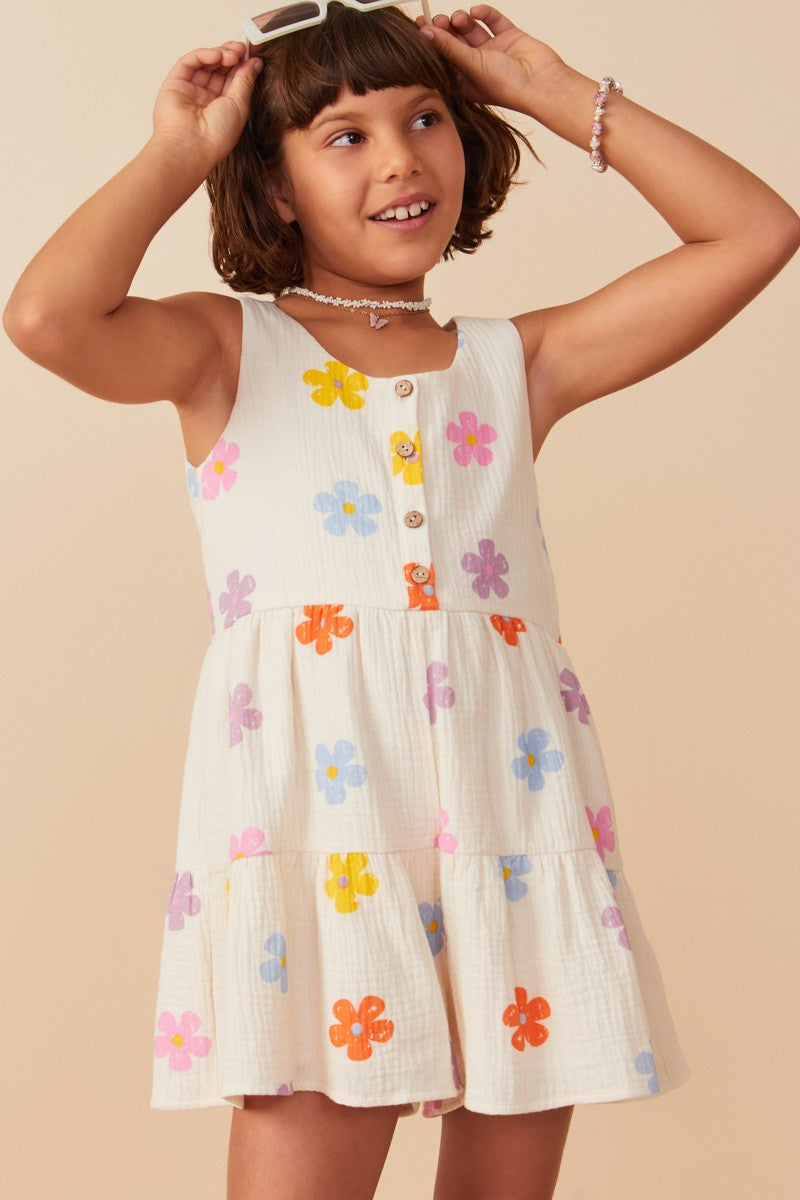 Girls Floral Gauze Textured Tiered Tank Romper