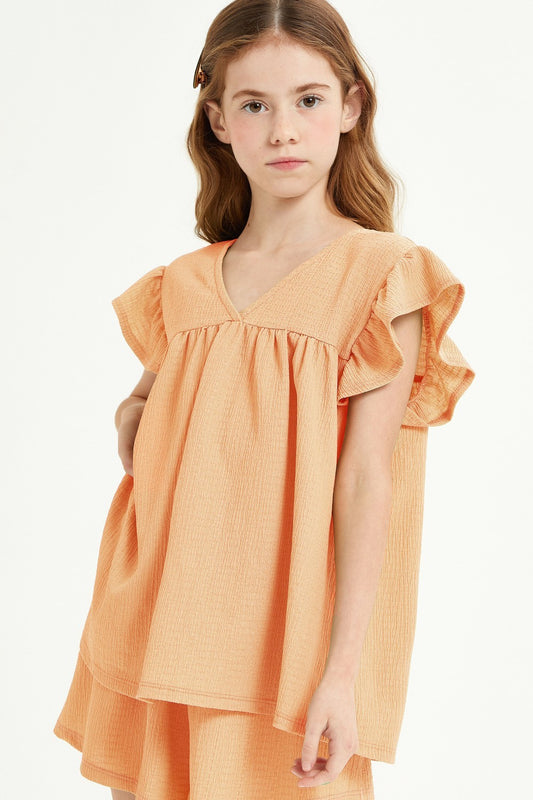 V-Neck Ruffle Sleeves Crinkled Top in Peach