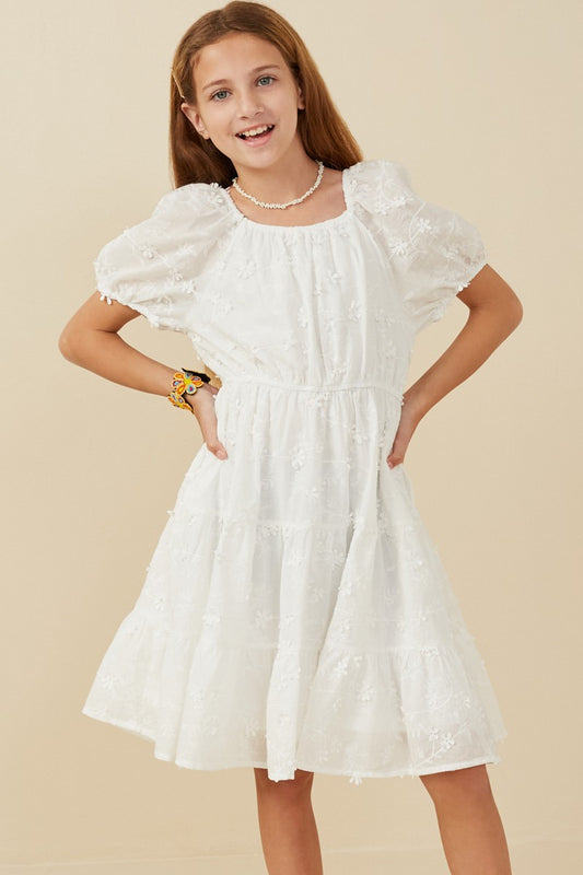 Girls Floral Embroidery Textured Puff Sleeve Dress