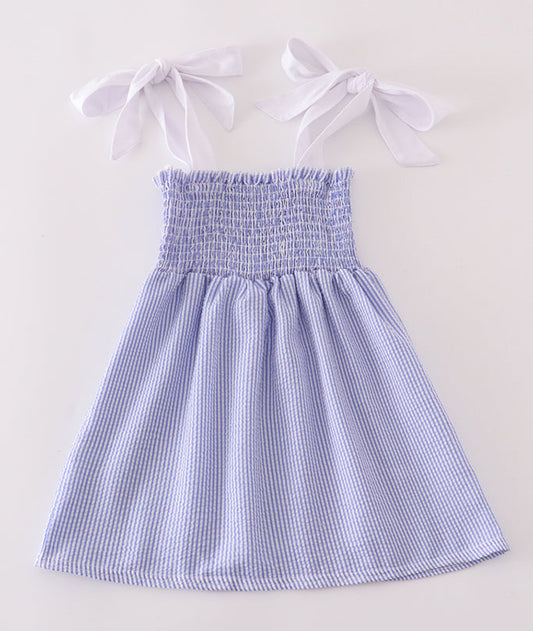 BLUE STRIPE SEERSUCKER SMOCKED DRESS