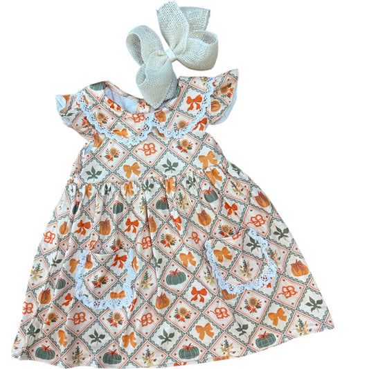 GREEN PUMPKIN BOW PRINT DRESS