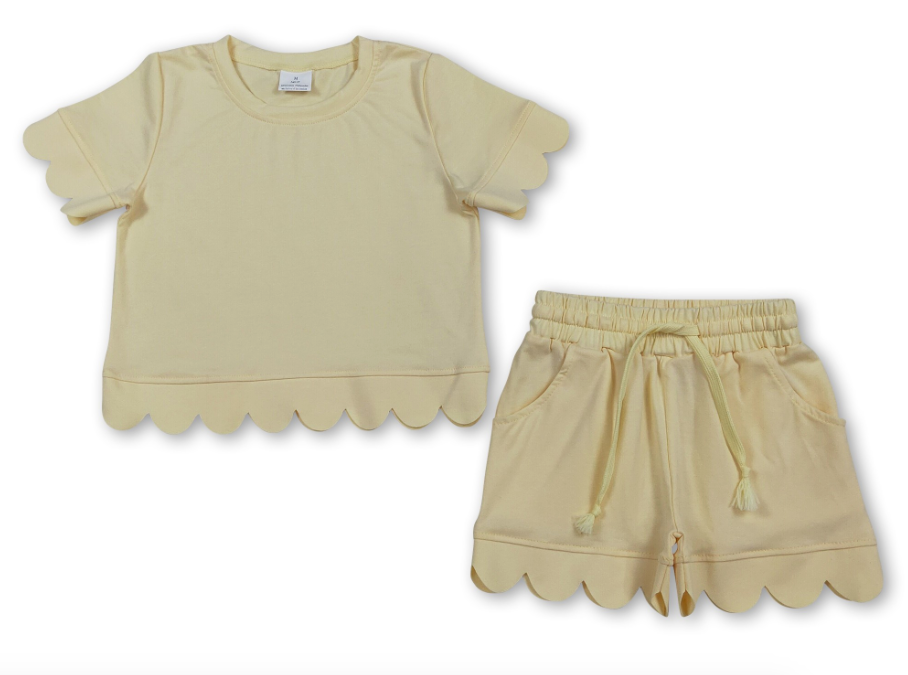 Yellow Plaid Scallop Short Sleeves Top Shorts Girls Outfits