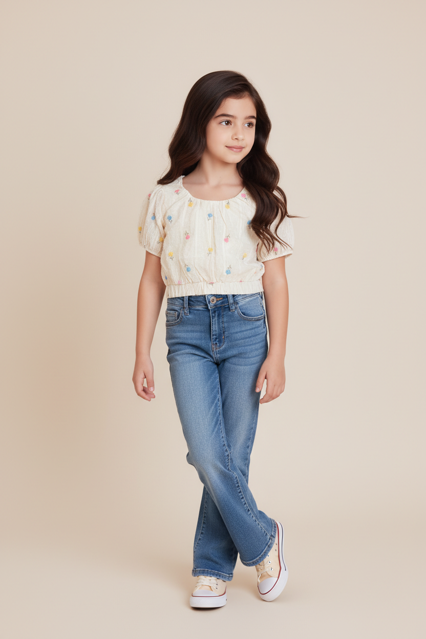 Floral Embroidery Clip Dot Pattern Top