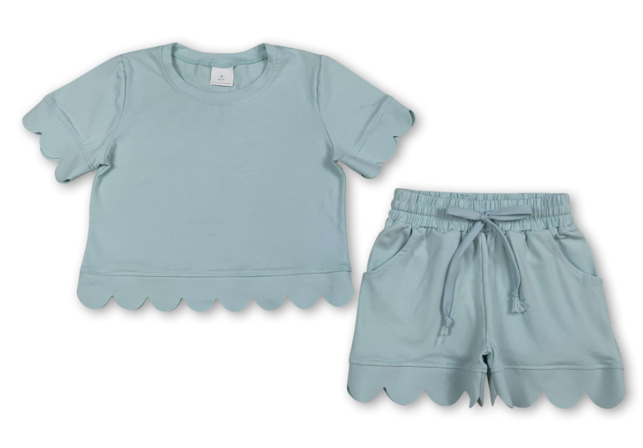 Scallop Short Sleeves Cotton Top Shorts Girls Summer Outfit in sky blue