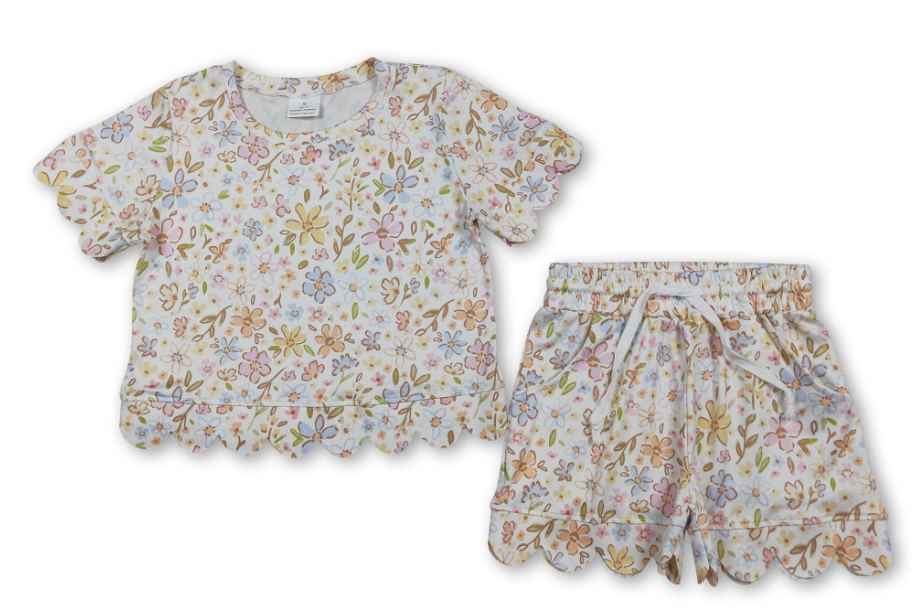 Yellow Floral Scallop Kids Girls Summer Outfits