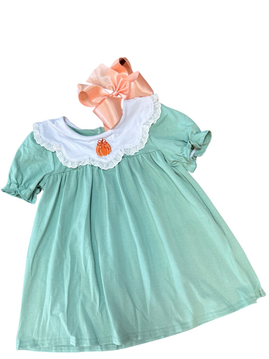 GREEN PUMPKIN BOW EMBROIDERY DRESS