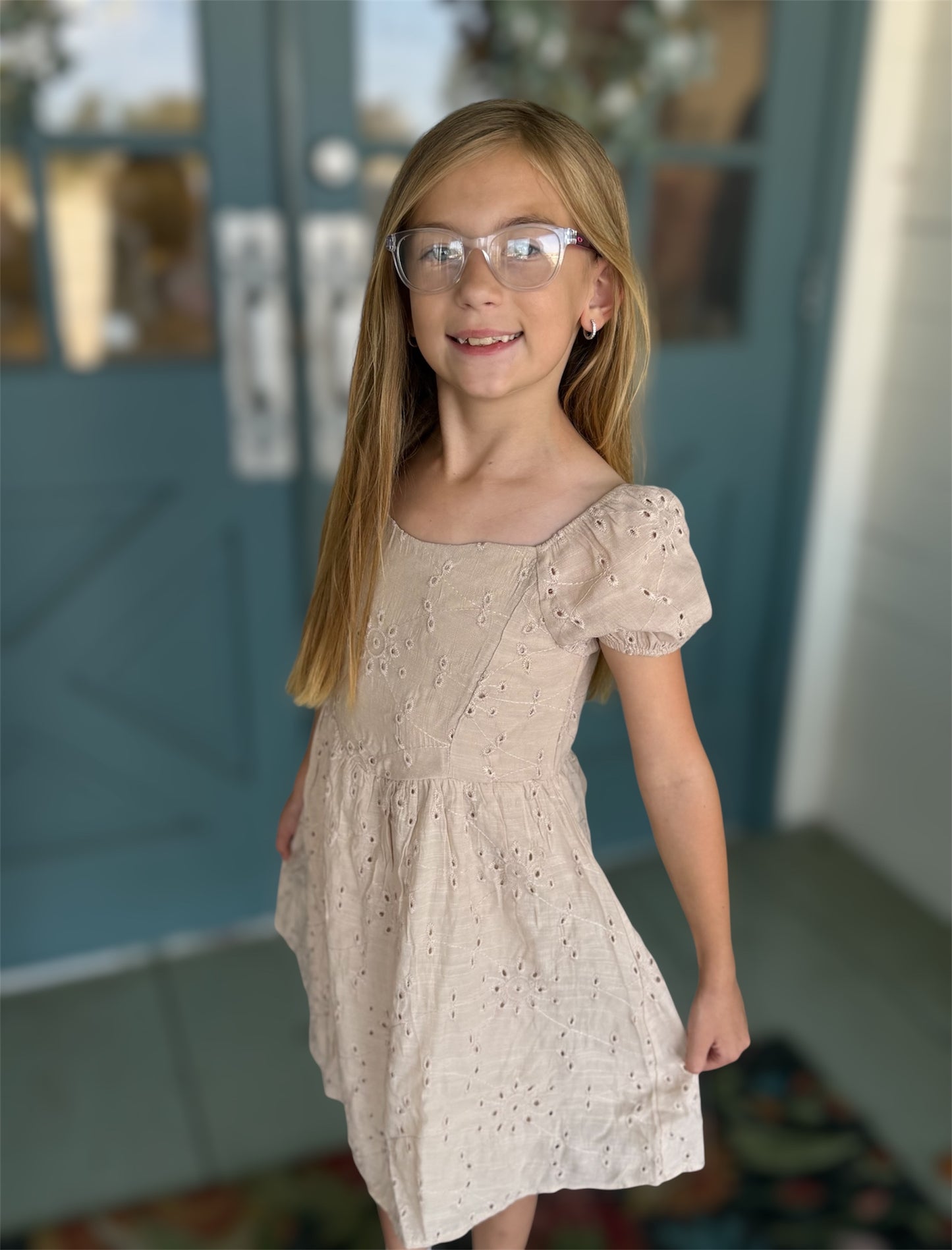Tween Kids Girls Eyelet Dress in Taupe