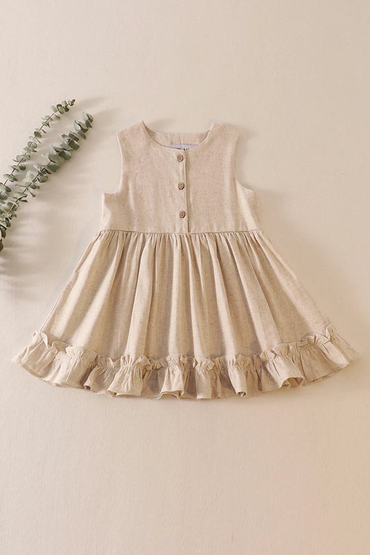 Beige Ruffle Button Linen Dress