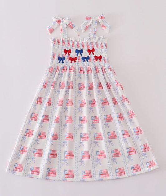 BOW EMBROIDERY SMOCKED DRESS