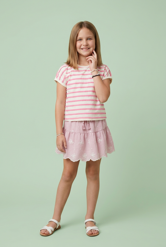 Girls Bow Embroidered Scallop Lace Hem Skirt in Pink