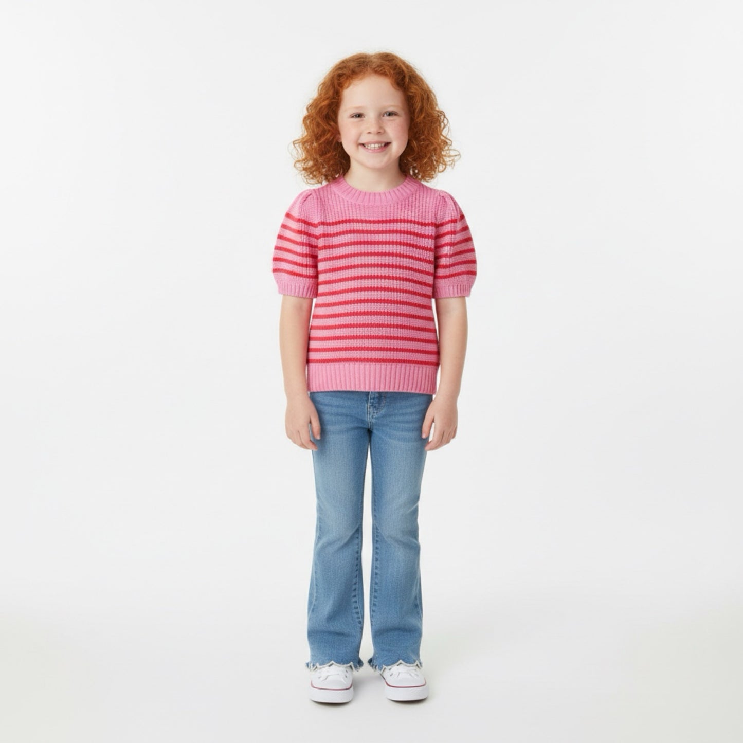 Girls Striped Puff Sleeve Short Sleeve Sweater Knit Top