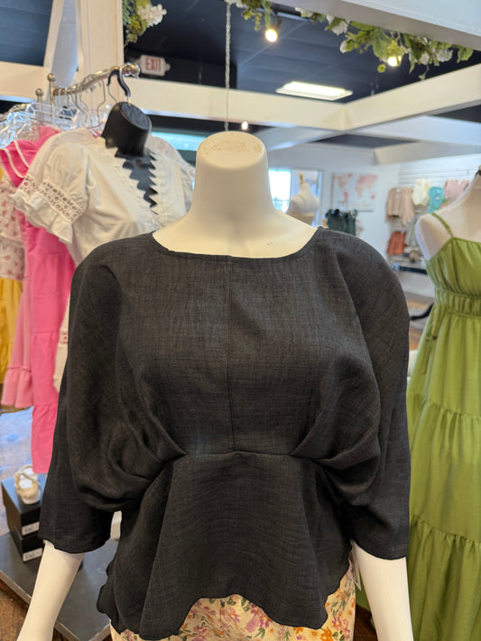 Batwing Linen 2 Tone top in Black