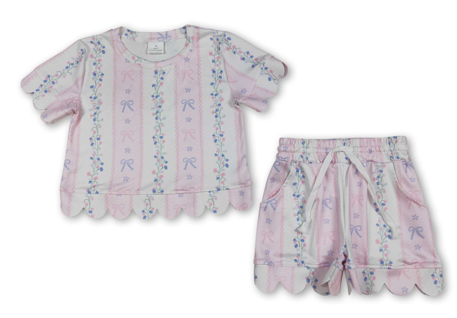 Pink Light Blue Floral Scallop Kids Girls Outfits