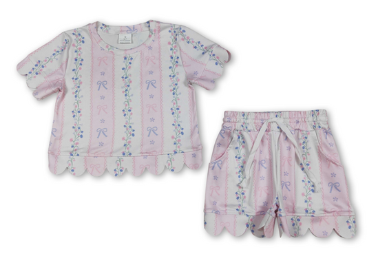 Pink Light Blue Floral Scallop Kids Girls Outfits