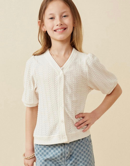 Girls knitted puff sleeve top in Ivory