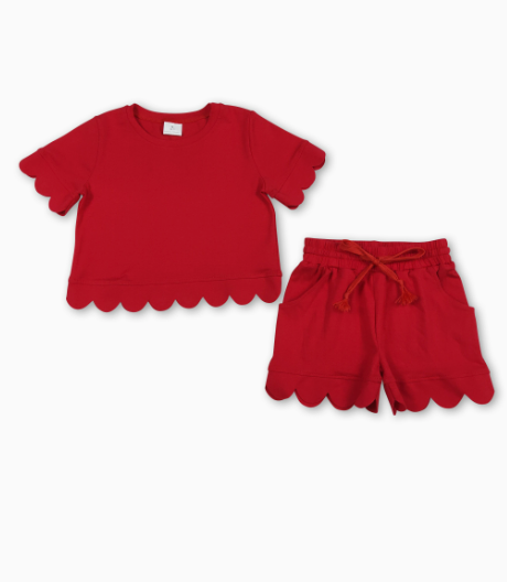 Red Scallop Short Sleeves Cotton Top Shorts Girls Outfits