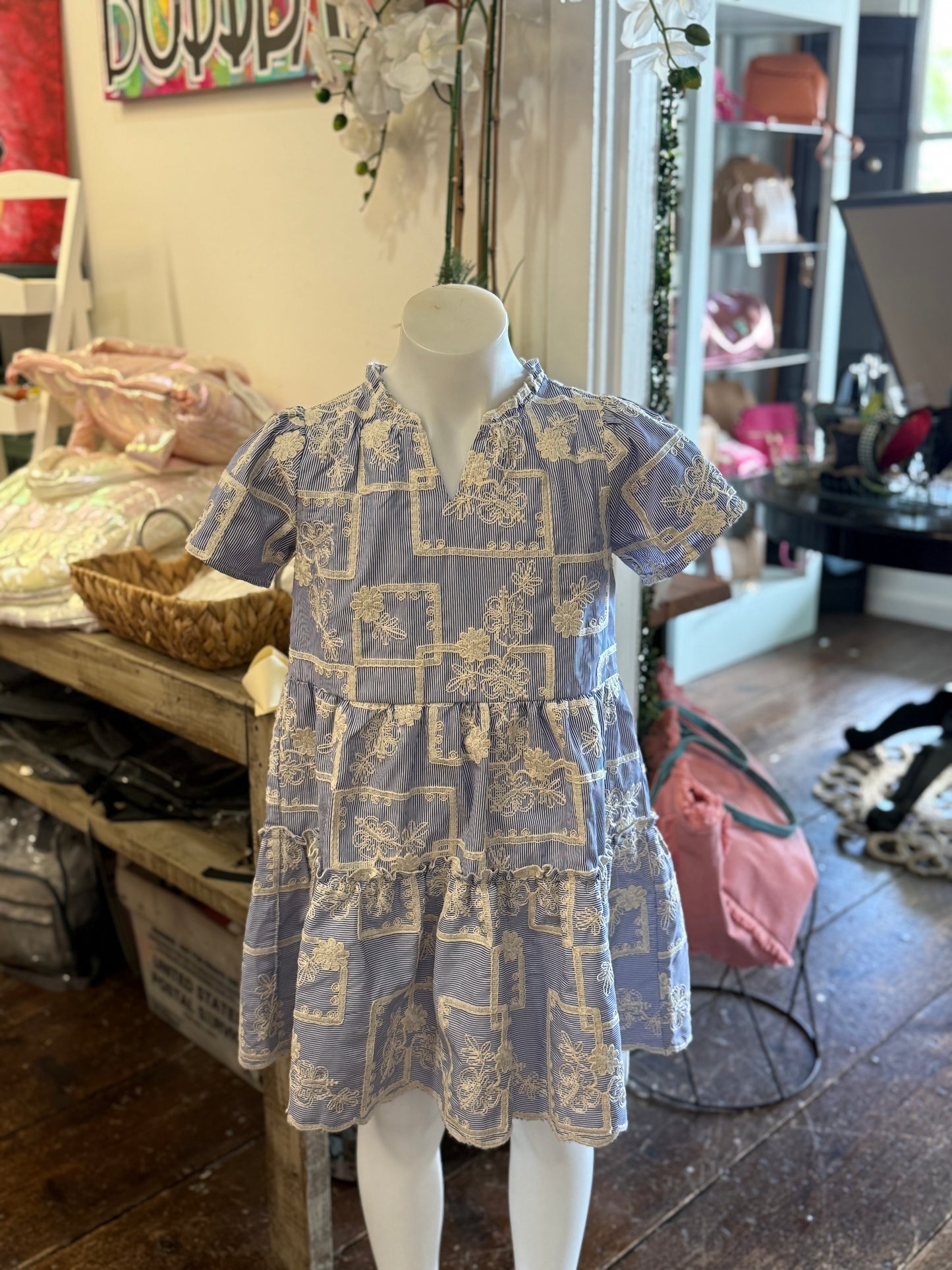 Striped Floral Embroidered Tiered Dress in Blue