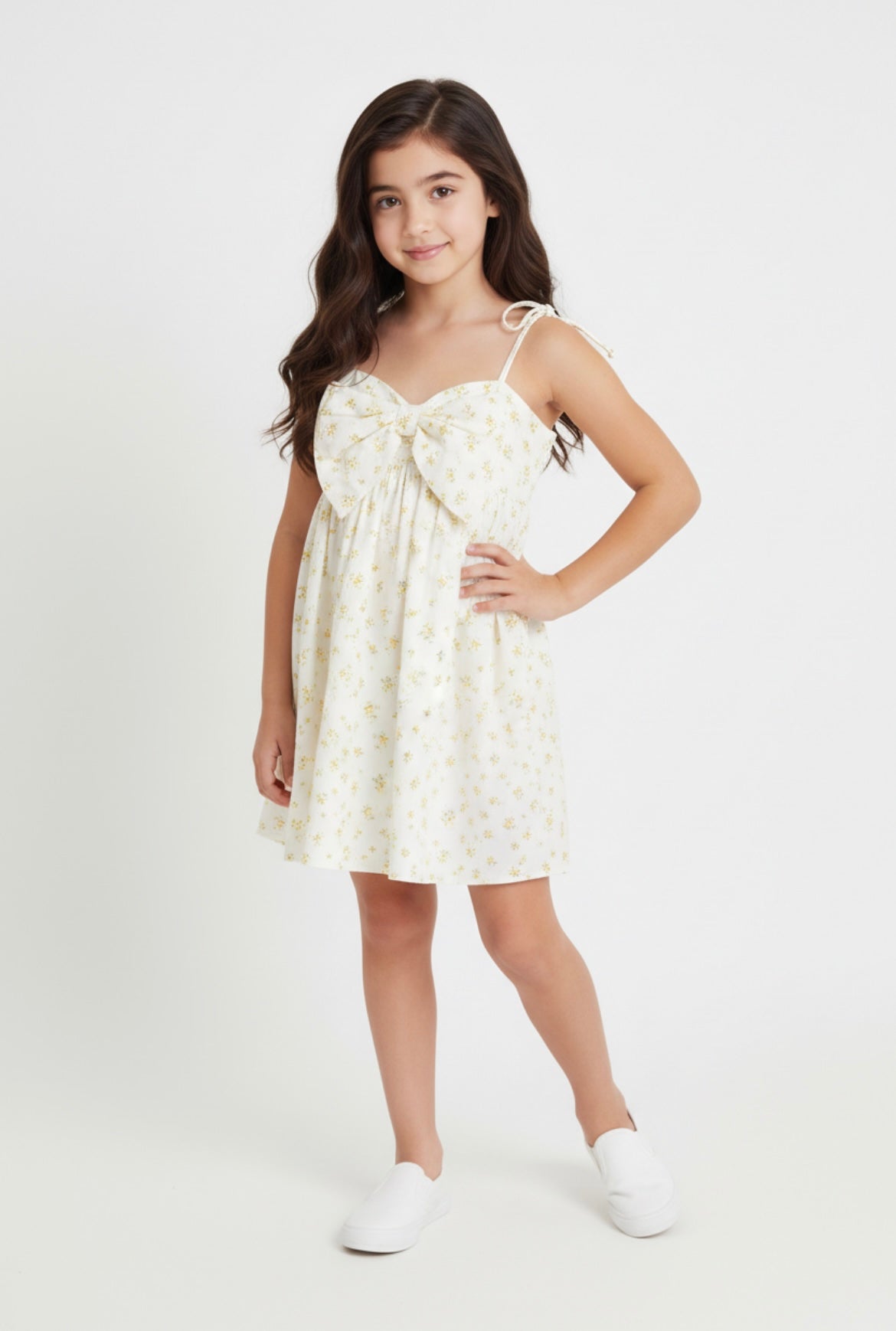 Cream and Yellow Floral Print Bow Button Detail Dress
