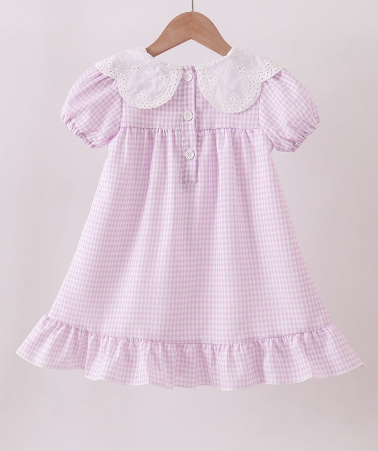 PURPLE SCALLOPED COLLAR LACE GINGHAM RUFFLE DRESS