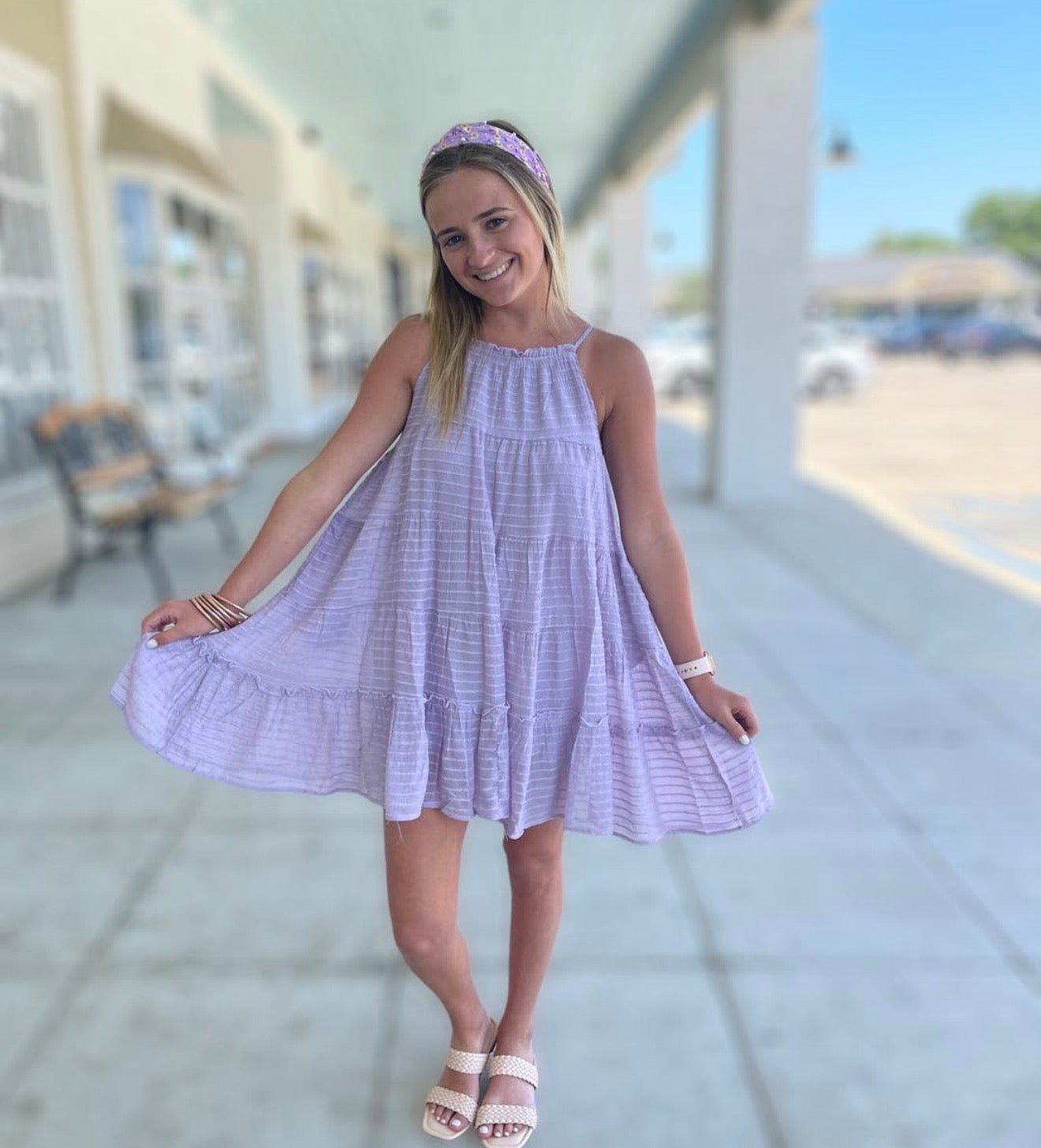Girls Texture Stripe Tiered Halter Mini Dress