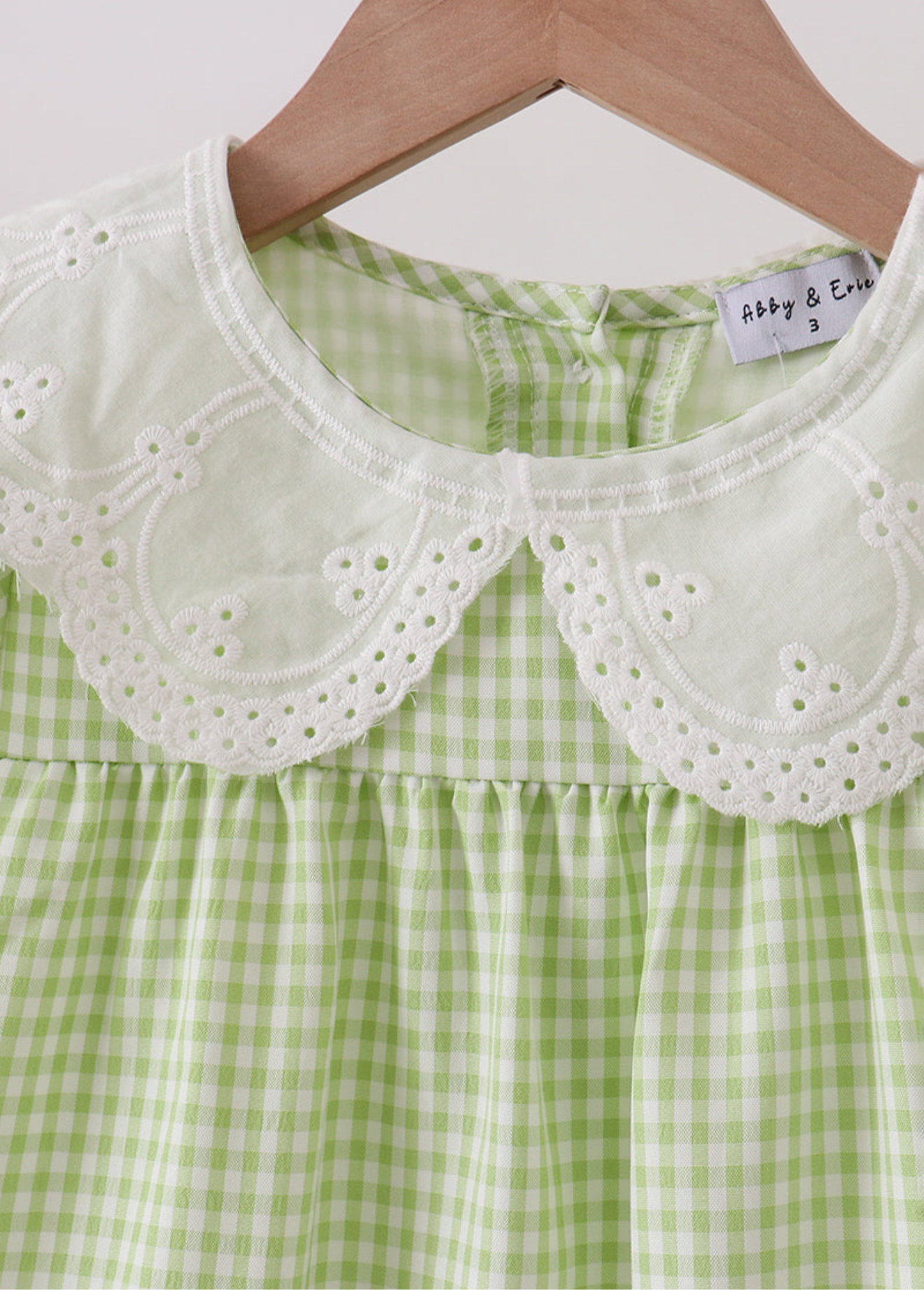 Green SCALLOPED COLLAR LACE GINGHAM RUFFLE DRESS
