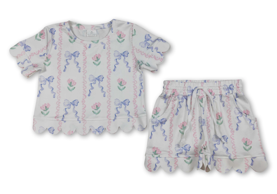 Scallop Short Sleeves Floral Bow Kids Girls Summer Outfits