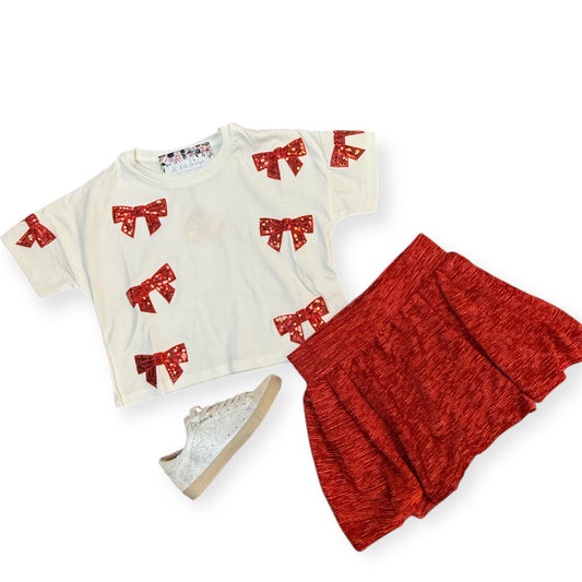 Girls Gameday Team Color Sequin Bow T Shirt in Red
