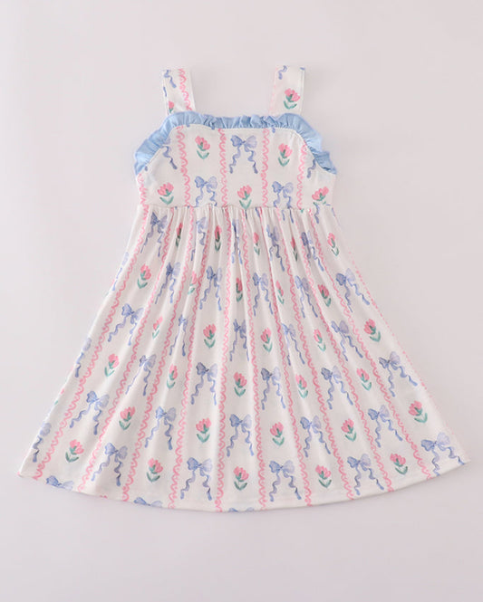 BLUE FLORAL BOW PRINT DRESS