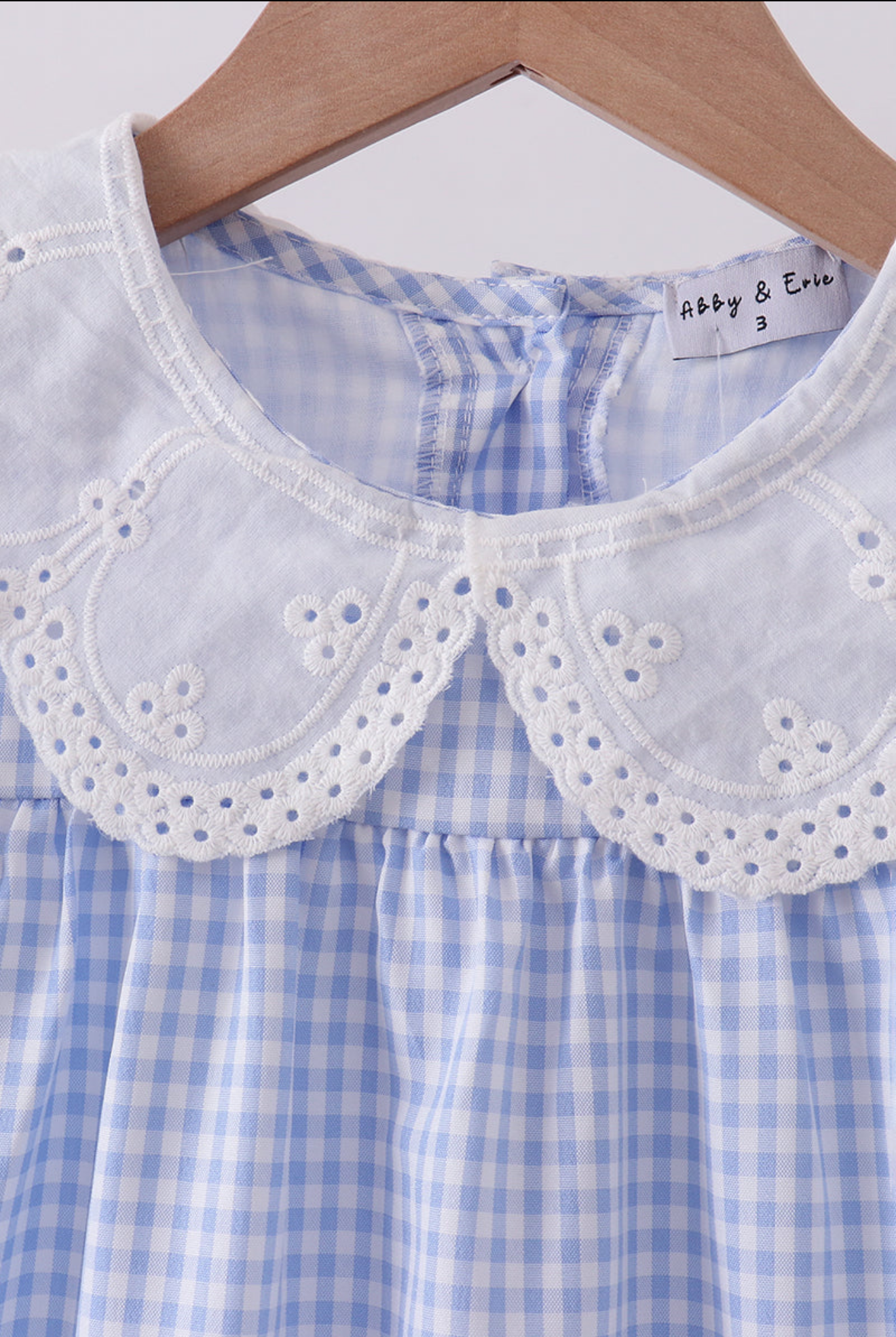 BLUE SCALLOPED COLLAR LACE GINGHAM RUFFLE DRESS