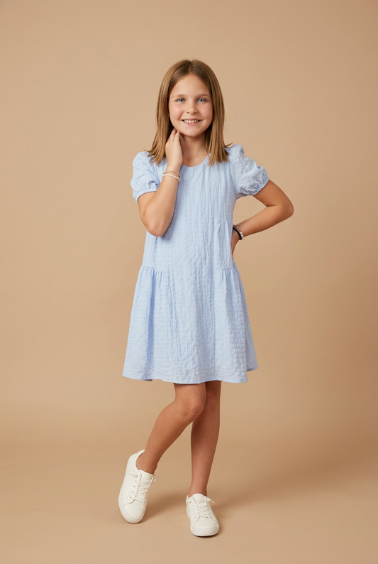 Girls Textured Side Panel Detail Puff Sleeve Dress