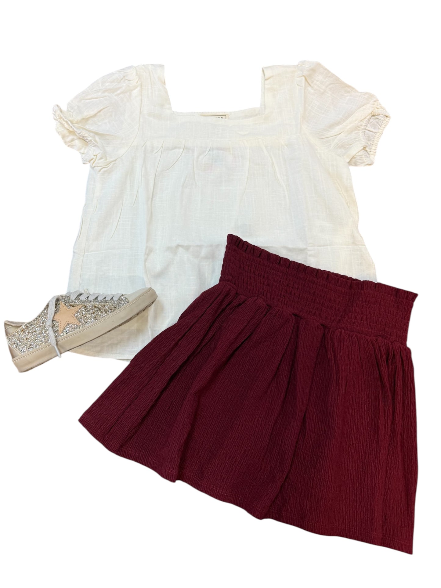 Girls Linen Look Square Neck Puff Sleeve Top