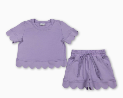 Lavender Short Sleeves Scallop Kids Girls Outfits