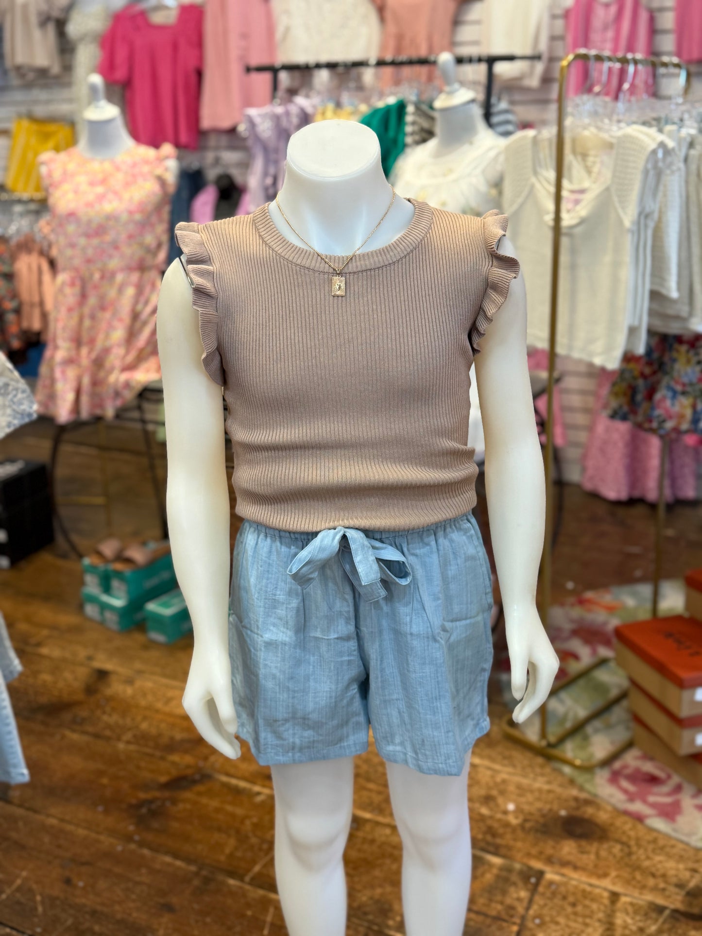 Ruffle Sleeveless Sweater Knit Top in Light Taupe